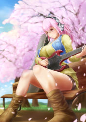 Rule 34 | 1girl, bench, blush, breasts, guitar, guitar case, headphones, highres, instrument, instrument case, large breasts, long hair, nitroplus, petals, pink hair, playing instrument, red eyes, shorts, sitting, solo, super sonico, tama (tamakaka1031)