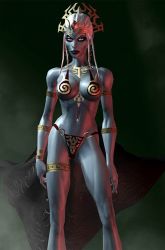 Rule 34 | 1girl, 3d, between breasts, bikini, breasts, champions of norrath: realms of everquest, colored skin, dark elf, elf, everquest, grey hair, grey skin, hip focus, jewelry, loincloth, navel, pointy ears, solo, swimsuit, sylea, vampire