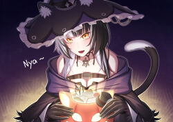 Rule 34 | 1girl, animal ear fluff, animal ears, basket, black choker, black gloves, black hair, black hat, blush, breasts, capelet, cat ears, cat tail, chest belt, choker, cleavage, erezu, gloves, hat, highres, holding, holding basket, hololive, hololive english, lace-trimmed choker, lace trim, large breasts, long hair, looking at viewer, multicolored hair, open mouth, purple capelet, shiori novella, smile, solo, split-color hair, tail, virtual youtuber, white hair, witch, witch hat, yellow eyes