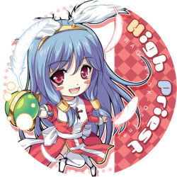 Rule 34 | 1girl, :d, blue hair, blush, blush stickers, character name, chibi, copyright name, feathers, hair ornament, hairband, high priest (ragnarok online), holding, long hair, looking at viewer, miyase mahiro, open mouth, ragnarok online, red eyes, smile, solo, staff