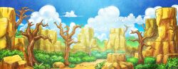 Rule 34 | artist request, bare tree, blue sky, bush, cloud, creatures (company), day, game cg, game freak, nintendo, no humans, official art, outdoors, pokemon, pokemon mystery dungeon, pokemon mystery dungeon: rescue team dx, rock, scenery, sky, third-party source, tree, wide shot