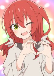 Rule 34 | 1girl, blush, bocchi the rock!, commentary request, hair between eyes, heart, heart hands, highres, kita ikuyo, long sleeves, looking at viewer, medium hair, multicolored background, one eye closed, one side up, open mouth, red hair, ruisuke, shirt, side ponytail, smile, white shirt, yellow eyes