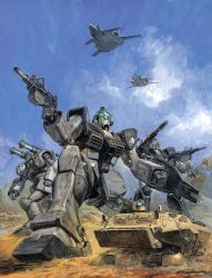 Rule 34 | aircraft, airplane, armored vehicle, assault rifle, canards, cannon, core booster, desert, dust, earth federation, emblem, flying, gatling gun, gm (mobile suit), gm cannon, gun, guncannon, guncannon mp type, gundam, gundam side story: rise from the ashes, hover vehicle, machine gun, mecha, military, military vehicle, mobile suit gundam, motor vehicle, official art, promotional art, realistic, rifle, robot, scan, science fiction, shield, takani yoshiyuki, tank, traditional media, vehicle, weapon