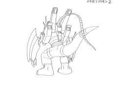 Rule 34 | 1boy, absurdres, android, armor, character sheet, claws, digimon, digimon (creature), digimon tamers, dinosaur, highres, mechanical arms, megalogrowmon, monochrome, official art, scan, sharp teeth, simple background, solo, spiked hair, standing, tail, teeth, translation request, white background