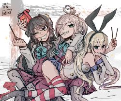 Rule 34 | 3girls, arm around shoulder, artist name, asashimo (kancolle), ass, blonde hair, brown hair, commentary request, dated, eyes visible through hair, food, green eyes, grey hair, grin, hair ribbon, highres, kakiiro (takuya), kantai collection, miniskirt, multiple girls, naganami (kancolle), pocky, pocky day, ribbon, sharp teeth, shimakaze (kancolle), skirt, smile, striped clothes, striped legwear, striped thighhighs, teeth, thighhighs, uniform