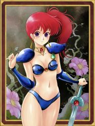 Rule 34 | 1girl, arm up, armor, asagiri youko, bad id, bad pixiv id, bikini, bikini armor, blue bikini, blue eyes, breasts, choker, cleavage, commentary request, flower, gem, genmu senki leda, highres, navel, pauldrons, red hair, shoulder armor, side ponytail, small breasts, smile, solo, swimsuit, sword, tamanegiinyo, thighs, vambraces, weapon