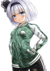 Rule 34 | 1girl, alternate costume, black hairband, black pants, blue eyes, closed mouth, cowboy shot, green jacket, grey hair, hairband, hands in pockets, highres, jacket, konpaku youmu, pants, reijing etrn, short hair, simple background, solo, standing, tongue, tongue out, touhou, v-shaped eyebrows, white background, zipper