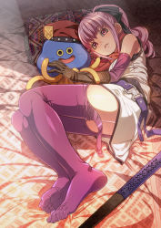 Rule 34 | 1girl, belt, beret, dragon quest, dragon quest heroes, dragon quest heroes ii, dress, elbow gloves, feet, feet together, full body, gloves, hat, highres, healslime, long hair, looking at viewer, lying, monster, no shoes, nyoro (nyoronyoro000), on bed, on side, pillow, pink eyes, pink hair, ponytail, soles, teresia, thighhighs, toes