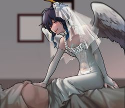 Rule 34 | 1boy, 1other, alternate costume, androgynous, bare shoulders, black hair, blue hair, blurry, blurry background, braid, bridal gauntlets, bridal veil, chest tattoo, choker, commentary, covered navel, dress, drooling, elbow gloves, feathered wings, flower, frills, genshin impact, gloves, gradient hair, green eyes, hair flower, hair ornament, male focus, multicolored hair, open mouth, picture frame, short hair with long locks, sleeveless, smile, solo focus, symbol-only commentary, tattoo, twin braids, veil, venti (genshin impact), white dress, white flower, wings, xiao iao