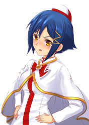Rule 34 | 1girl, aika granzchesta, angry, aria (manga), bad id, bad pixiv id, blue hair, blush, bob cut, bow, bowtie, capelet, clip studio paint (medium), dress, earrings, eyelashes, furrowed brow, gold trim, hair ornament, hairclip, hands on own hips, hat, high collar, highres, himeya company uniform, jewelry, long sleeves, looking at viewer, open mouth, red bow, red bowtie, simple background, skin tight, solo, telaform, upper body, v-shaped eyebrows, white background, white capelet, white dress, white hat, yellow eyes
