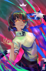 Rule 34 | 10s, 1girl, armor, breastplate, brown hair, glowing, glowing eye, godsh0t, looking at viewer, mask, multicolored background, niijima makoto, persona, persona 5, school uniform, short hair, smile, solo, transformation, upper body, yellow eyes