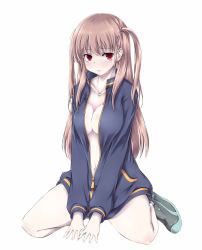 Rule 34 | 1girl, atarashi ako, breasts, brown hair, cleavage, cosplay, full body, highres, jacket, long hair, naked jacket, navel, no bra, no socks, open clothes, open jacket, red eyes, saki (manga), shoes, side ponytail, simple background, sneakers, solo, takakamo shizuno, takakamo shizuno (cosplay), thighs, track jacket, two side up, white background, yui (imprinting), zipper