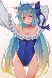 Rule 34 | 1girl, absurdres, ahoge, alternate costume, animal ear fluff, animal ears, bad id, bad pixiv id, bare shoulders, blue choker, blue hair, blue one-piece swimsuit, blue ribbon, blush, breasts, cat ears, character request, choker, cleavage, collarbone, commentary request, cosplay, covered navel, fate/grand order, fate (series), hair ornament, hair ribbon, highres, jmao, large breasts, long hair, looking at viewer, meltryllis, meltryllis (fate), meltryllis (swimsuit lancer) (fate), meltryllis (swimsuit lancer) (fate) (cosplay), meltryllis (swimsuit lancer) (second ascension) (fate), multicolored hair, one-piece swimsuit, ribbon, simple background, sleeves past wrists, solo, star (symbol), star hair ornament, swimsuit, two-tone hair, white background