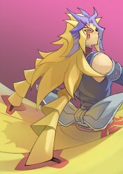 Rule 34 | 1boy, absurdres, alternate form, bare shoulders, blonde hair, detached sleeves, duel monster, facial mark, facing away, fusion, gradient background, high collar, highres, long hair, looking back, male focus, malefic truth dragon, multicolored hair, paradox (yu-gi-oh!), pink background, purple hair, serious, simple background, solo, spiked hair, yellow eyes, youko-shima, yu-gi-oh!, yu-gi-oh! 3d bonds beyond time