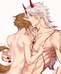 Rule 34 | 2boys, abs, animal ears, aqua eyes, arataki itto, artist name, back, bare back, bare shoulders, black nails, blush, bodypaint, brown hair, closed mouth, collarbone, colored inner hair, commentary, dog boy, dog ears, dog tail, earrings, ears down, facepaint, fingernails, genshin impact, gorou (genshin impact), hand on another&#039;s chest, highres, horns, jewelry, long hair, looking at viewer, makeup, male focus, multicolored hair, multiple boys, nail polish, navel, oni horns, parted bangs, pectorals, profile, red eyes, red hair, red horns, rourouki, sharp fingernails, short hair, shoulder blades, sidelocks, sideways glance, simple background, smile, smirk, stomach, streaked hair, tail, thick eyebrows, topless, topless male, two-tone hair, watermark, white background, white hair, yaoi