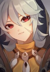 Rule 34 | 1boy, bishounen, bone necklace, closed mouth, genshin impact, grey hair, hood, long hair, looking at viewer, male focus, parted bangs, razor (genshin impact), red eyes, scar, scar on face, sikabane, solo, upper body