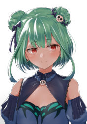 Rule 34 | 1girl, absurdres, animal print, blue dress, blue sleeves, blush, brooch, butterfly print, closed mouth, detached collar, detached sleeves, double bun, dress, earrings, flat chest, frilled dress, frills, green hair, hair bun, hair ornament, hair ribbon, highres, hololive, jewelry, juliet sleeves, long sleeves, looking at viewer, mofudaiya, puffy sleeves, red eyes, ribbon, short dress, short hair, sidelocks, sideways glance, simple background, skull brooch, skull earrings, skull hair ornament, smile, solo, strapless, strapless dress, upper body, uruha rushia, uruha rushia (1st costume), virtual youtuber, white background