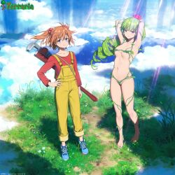 Rule 34 | 2girls, above clouds, absurdres, areola slip, arms up, barefoot, blue footwear, breasts, cloud, cloudy sky, dryad (terraria), floating island, flower, grass, green hair, hair bobbles, hair flower, hair ornament, hand on own hip, highres, leaf, long sleeves, looking at viewer, mechanic, mechanic (terraria), medium breasts, multiple girls, non-web source, opticalcore, orange hair, pink flower, pipe wrench, plant, ponytail, purple eyes, red flower, red shirt, self-upload, shirt, sky, small breasts, smile, sunlight, terraria, tree, two side up, vines, water, white flower, yellow flower, yellow overalls