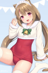 Rule 34 | 1girl, :d, animal ears, bell, bow, bowtie, breasts, brown hair, cat ears, cat tail, covered navel, crop top, fang, fur-trimmed sleeves, fur trim, green bow, green bowtie, highres, long hair, long sleeves, looking at viewer, low twintails, maid headdress, medium breasts, neck bell, one-piece swimsuit, open mouth, original, pink eyes, red one-piece swimsuit, sasaame, skin fang, smile, solo, swimsuit, swimsuit under clothes, tail, thighhighs, torte (sasaame), twintails, very long hair, white thighhighs