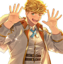 Rule 34 | 1boy, bad id, bad twitter id, bara, blonde hair, collared shirt, feather boa, granblue fantasy, green eyes, hands up, idol, jacket, large pectorals, looking at viewer, male focus, muscular, muscular male, official alternate costume, one eye closed, open clothes, open jacket, open mouth, pectorals, satoimo sanda, shirt, short hair, smile, solo, undercut, upper body, vane (granblue fantasy), white jacket, white shirt