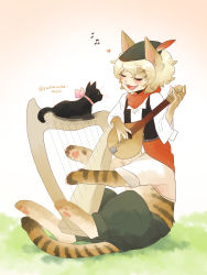 Rule 34 | 1boy, :3, animal ears, cat, cat ears, cat tail, centauroid, fangs, harp, heart, highres, instrument, lute (instrument), monster boy, music, musical note, open mouth, original, playing instrument, scarf, tail, taur, twitter username, yamanobe