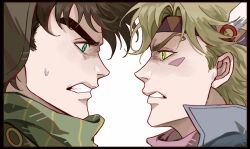 Rule 34 | 2boys, battle tendency, blonde hair, bomber hat, brown hair, caesar anthonio zeppeli, clenched teeth, close-up, eye contact, face-to-face, facial mark, feather hair ornament, feathers, fingerless gloves, fur hat, gloves, green eyes, green scarf, hair ornament, hat, headband, highres, jojo no kimyou na bouken, joseph joestar, joseph joestar (young), looking at another, male focus, multiple boys, pink scarf, profile, scarf, shaded face, striped clothes, striped scarf, sweatdrop, teeth, ushanka, zhoujo51
