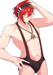 Rule 34 | 1boy, absurdres, akaie11, bulge, green eyes, grin, hairband, hand on own hip, heterochromia, highres, indie virtual youtuber, jewelry, kano seiga, looking at viewer, male focus, multicolored hair, necklace, red eyes, red hair, slingshot swimsuit, smile, solo, streaked hair, swimsuit, virtual youtuber, white hair