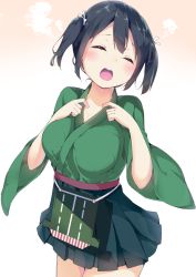 Rule 34 | 10s, 1girl, black hair, black skirt, blush, breasts, chikuwa., closed eyes, cowboy shot, flight deck, gradient background, green kimono, hair between eyes, high-waist skirt, japanese clothes, kantai collection, kimono, large breasts, miniskirt, open mouth, pleated skirt, short hair, sidelocks, simple background, skirt, solo, souryuu (kancolle), steam, sweat, teeth, twintails, white background