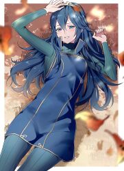 Rule 34 | 1girl, ameno (a meno0), autumn leaves, blue eyes, blue hair, breasts, fire emblem, fire emblem awakening, grin, hair between eyes, leaf, long hair, long sleeves, looking at viewer, lucina (fire emblem), lying, nintendo, on back, on grass, outdoors, pantyhose, small breasts, smile, solo, sweater, symbol-shaped pupils, tiara