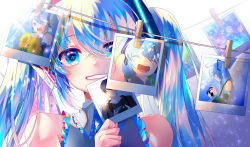 Rule 34 | 1girl, absurdres, artist request, bare shoulders, blue eyes, blue hair, camera, clothes pin, clothesline, commentary, closed eyes, flower, frilled shirt, frills, hair ornament, hatsune miku, highres, holding, holding camera, holding photo, looking at viewer, master (vocaloid), photo (object), shirayuki towa, shirt, skirt, smile, solo, sunflower, symbol-shaped pupils, twintails, vocaloid