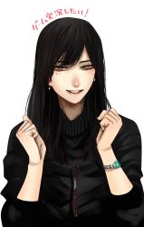 Rule 34 | 1girl, black hair, black sweater, earrings, hands up, highres, hoshi san 3, jewelry, long hair, looking at viewer, mole, mole under eye, original, parted lips, simple background, smile, solo, sweater, watch, white background, wristwatch