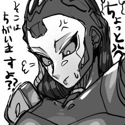 Rule 34 | 1girl, abyuramu yukidaruma, android, anger vein, animification, apex legends, ash (titanfall 2), collarbone, greyscale, highres, looking down, metal skin, monochrome, portrait, science fiction, simulacrum (titanfall), sketch, solo, surprised, sweatdrop, translation request, white background