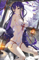 Rule 34 | 1girl, alternate costume, architecture, bare shoulders, breasts, cleavage, commentary request, covered navel, dress, east asian architecture, falling petals, genshin impact, jacket, large breasts, long hair, looking at viewer, mole, mole under eye, off shoulder, open mouth, petals, purple eyes, purple hair, purple jacket, raiden shogun, scottie (phantom2), see-through, see-through dress, sitting, solo, steam, thighs, wet, wet clothes, wet dress, white dress