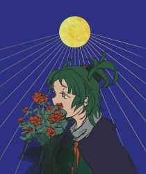 Rule 34 | 1other, adagumo no saragimaru, androgynous, blue background, bouquet, capelet, colored eyelashes, flower, green hair, green shirt, grey scarf, highres, len&#039;en, orange eyes, other focus, purple capelet, rainlow, red flower, scarf, shirt, sketch, solo, upper body