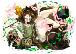 Rule 34 | 1girl, ;d, animal ears, brown eyes, brown hair, collarbone, commentary request, full body, futatsuiwa mamizou, glasses, gourd, hat, hat ribbon, holding smoking pipe, izuna nie, kiseru, leaf, leaf on head, looking at viewer, one eye closed, open mouth, smoking pipe, raccoon ears, raccoon tail, ribbon, short hair, smile, solo, tail, tanuki, touhou, white background