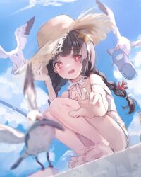 Rule 34 | 1girl, barefoot, bikini, bird, black hair, blue archive, blue sky, blunt bangs, blush, braid, clothes theft, cloud, commentary request, day, feet, food theft, foreshortening, hair ornament, hat, highres, knees up, kyaroru, legs, looking at viewer, low twin braids, low twintails, miyu (blue archive), miyu (swimsuit) (blue archive), official alternate costume, outdoors, outstretched arm, red eyes, seagull, sky, soles, solo, squatting, star (symbol), star hair ornament, strap slip, straw hat, sweatdrop, swimsuit, theft, toes, twin braids, twintails, white bikini