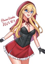 Rule 34 | 1girl, absurdres, abukuma (kancolle), adapted costume, alternate breast size, black gloves, blonde hair, blue eyes, breasts, bustier, cleavage, dated, gloves, highres, kantai collection, katou shinobu, long hair, medium breasts, official alternate costume, red hood, red skirt, simple background, skirt, solo, twitter username, white background