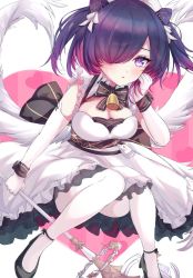 Rule 34 | 1girl, alternate costume, azur lane, blush, bob cut, breasts, cleavage, detached sleeves, enmaided, feathers, gloves, hair ornament, hat, heart, heart background, highres, holding, holding staff, holding weapon, jervis (azur lane), looking at viewer, maid, medium breasts, nurse cap, purple eyes, purple hair, ribbon, simple background, staff, umidemi, weapon, wings