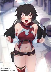 Rule 34 | 1girl, :o, alternate costume, amber (genshin impact), bare shoulders, blush, breasts, brown hair, brown shorts, clenched hands, crop top, detached sleeves, genshin impact, hair ornament, highres, kani fish, large breasts, long sleeves, looking at viewer, midriff, navel, red eyes, red scarf, scarf, short shorts, shorts, sideboob, single thighhigh, sleeveless, solo, sparkle, sparkling eyes, sweat, thighhighs