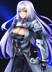 Rule 34 | 1girl, armor, blue eyes, breast tattoo, breasts, cleavage, cleavage cutout, closed mouth, clothing cutout, ethel (xenoblade), grey hair, highres, holding, large breasts, long hair, looking at viewer, shoulder armor, simple background, solo, sword, tattoo, to (tototo tk), upper body, very long hair, weapon, xenoblade chronicles (series), xenoblade chronicles 3