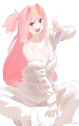 Rule 34 | 1girl, :d, absurdres, breasts, cleavage, fingernails, hand up, highres, large breasts, long hair, looking at viewer, off shoulder, one side up, open mouth, original, pajamas, pants, pink eyes, pink hair, ryusei hashida, shirt, signature, simple background, sitting, smile, solo, spread legs, v, white background, white pajamas, white pants, white shirt