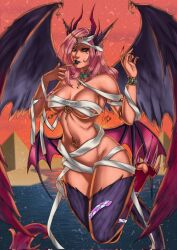 Rule 34 | 1girl, arm band, armband, bandages, bare shoulders, breasts, cleavage, desert, detached collar, dragon girl, dragon horns, dragon tail, dragon wings, egyptian, eye of horus, eye tattoo, female focus, fingernails, functionally nude, gold, horns, indie virtual youtuber, large breasts, lipstick, long hair, makeup, monster girl, naked bandage, navel piercing, piercing, pink hair, pyramid (structure), sharp fingernails, sharp toenails, solo, solo focus, tail, tattoo, toenails, trickywi, usekh collar, water, wings, yellow eyes