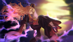Rule 34 | 1girl, alice tam, aura, blonde hair, breasts, brown sash, chinese clothes, cloud, cloudy sky, energy, expressionless, floating hair, fox tail, high heels, junko (touhou), large breasts, long hair, long sleeves, looking at viewer, moon, multiple tails, nail polish, night, night sky, obi, phoenix crown, red eyes, red nails, sash, sky, solo, tail, tassel, touhou, wide sleeves
