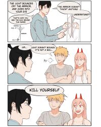 Rule 34 | 1girl, 2boys, 3koma, adam&#039;s apple, bare shoulders, black hair, blonde hair, blue eyes, chainsaw man, collarbone, comic, commentary, crossed arms, denji (chainsaw man), earrings, egg, english commentary, english text, giganticbuddha, hayakawa aki, highres, horns, jewelry, long hair, long sleeves, looking at another, mirror, multiple boys, open mouth, paper, pink hair, pointing, power (chainsaw man), red eyes, science, sharp teeth, shirt, short hair, smile, smug, t-shirt, tank top, teeth, topknot, yellow eyes