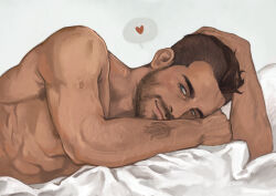 Rule 34 | 1boy, arm tattoo, asymmetrical hair, bara, bed, black hair, blue eyes, call of duty, call of duty: modern warfare 2, closed mouth, facial hair, heart, lying, male focus, morithewitch, muscular, muscular male, on bed, on side, short hair, sidecut, smile, soap (modern warfare 2), solo, tattoo, topless male, undercut, upper body