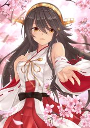 Rule 34 | 1girl, absurdres, bare shoulders, black hair, blush, brown eyes, commentary request, cowboy shot, day, detached sleeves, flower, gensoukitan, hair between eyes, hair ornament, hairband, hairclip, haruna (kancolle), headgear, highres, japanese clothes, kantai collection, long hair, looking at viewer, nontraditional miko, open mouth, outdoors, petals, reaching, reaching towards viewer, ribbon-trimmed sleeves, ribbon trim, skirt, smile, solo, standing, tree, wide sleeves
