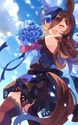 Rule 34 | 1girl, animal ears, bare shoulders, blue flower, blue ribbon, blue rose, blue sky, blush, bouquet, brown hair, brown thighhighs, chachi (azuzu), cloud, commentary request, cowboy shot, day, dress, closed eyes, flower, from behind, from below, hair over one eye, hat, hat flower, holding, holding bouquet, horse ears, horse girl, horse tail, long hair, long sleeves, looking to the side, off-shoulder dress, off shoulder, open mouth, outdoors, ribbon, rice shower (umamusume), rose, sky, smile, solo, standing, tail, tears, thighhighs, tilted headwear, umamusume