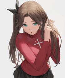 Rule 34 | 1girl, black skirt, brown hair, commentary request, cotta (heleif), cowboy shot, dutch angle, fate/stay night, fate (series), green eyes, grey background, hair ribbon, hand in own hair, highres, holding, holding own hair, long hair, long sleeves, looking at viewer, miniskirt, open mouth, parted bangs, pleated skirt, ribbon, simple background, skirt, solo, sweater, tohsaka rin, turtleneck, turtleneck sweater, twintails, tying hair, white background