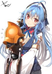 Rule 34 | 1girl, ahoge, armlet, blue hair, blush, breasts, cleavage, closed mouth, commentary request, detached collar, flying sweatdrops, hair intakes, hat, head tilt, holding, koga (oshiro project), long hair, long sleeves, looking at viewer, machinery, oshiro project:re, red eyes, sash, sidelocks, signature, small breasts, smile, solo, upper body, wide sleeves, yappen