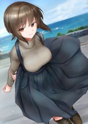 Rule 34 | 1girl, absurdres, blue sky, boots, breasts, brown eyes, brown footwear, brown hair, casual, commentary request, day, dutch angle, emilio (tetsukazu no ao), female focus, girls und panzer, highres, horizon, large breasts, light smile, long sleeves, looking at viewer, nishizumi maho, ocean, outdoors, plant, short hair, skirt, sky, solo, standing, suspender skirt, suspenders, sweater, turtleneck, turtleneck sweater